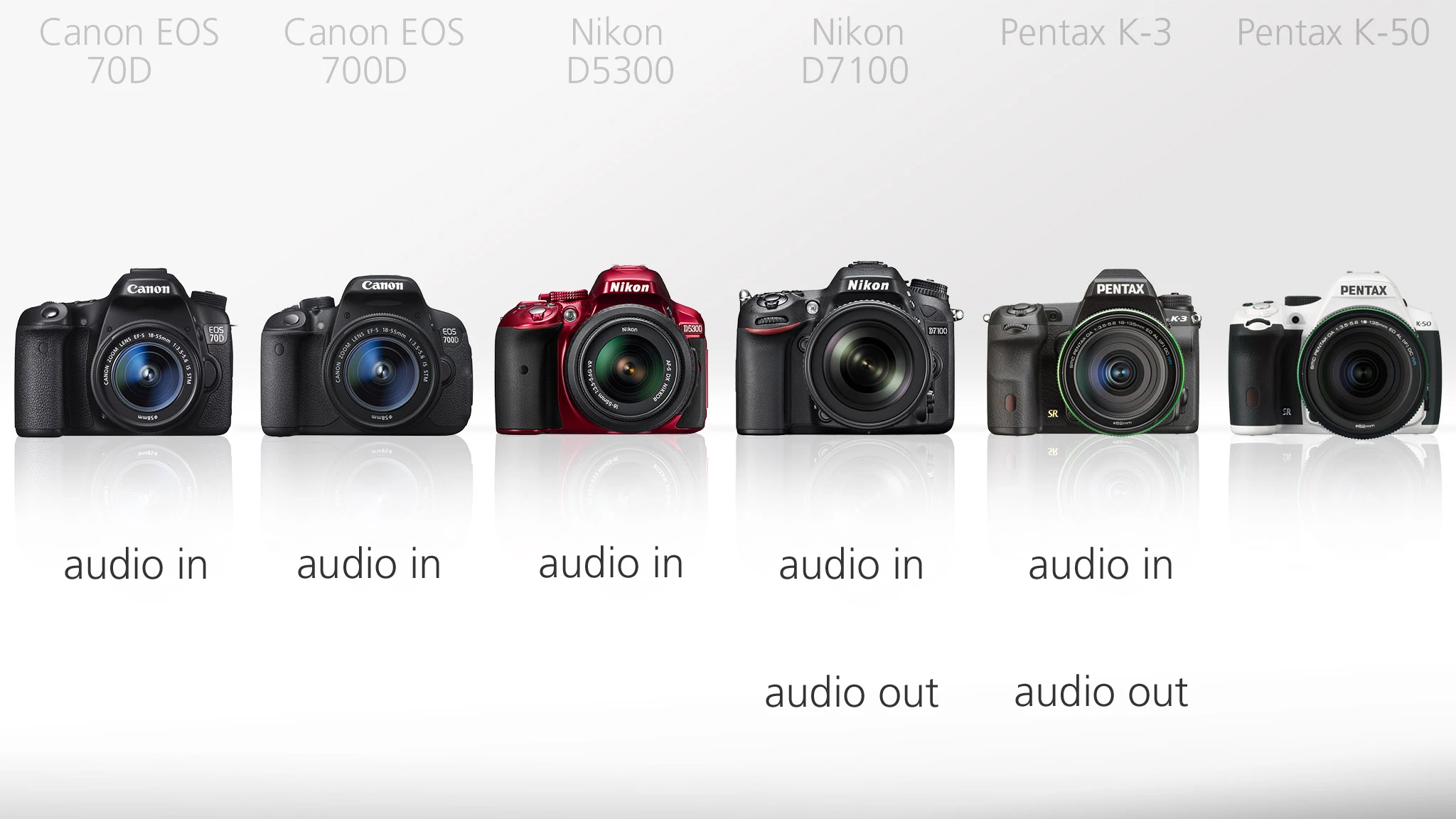 The Pentax K-3 and the Nikon D7100 feature both an audio input and output for monitoring sound levels via headphones while recording