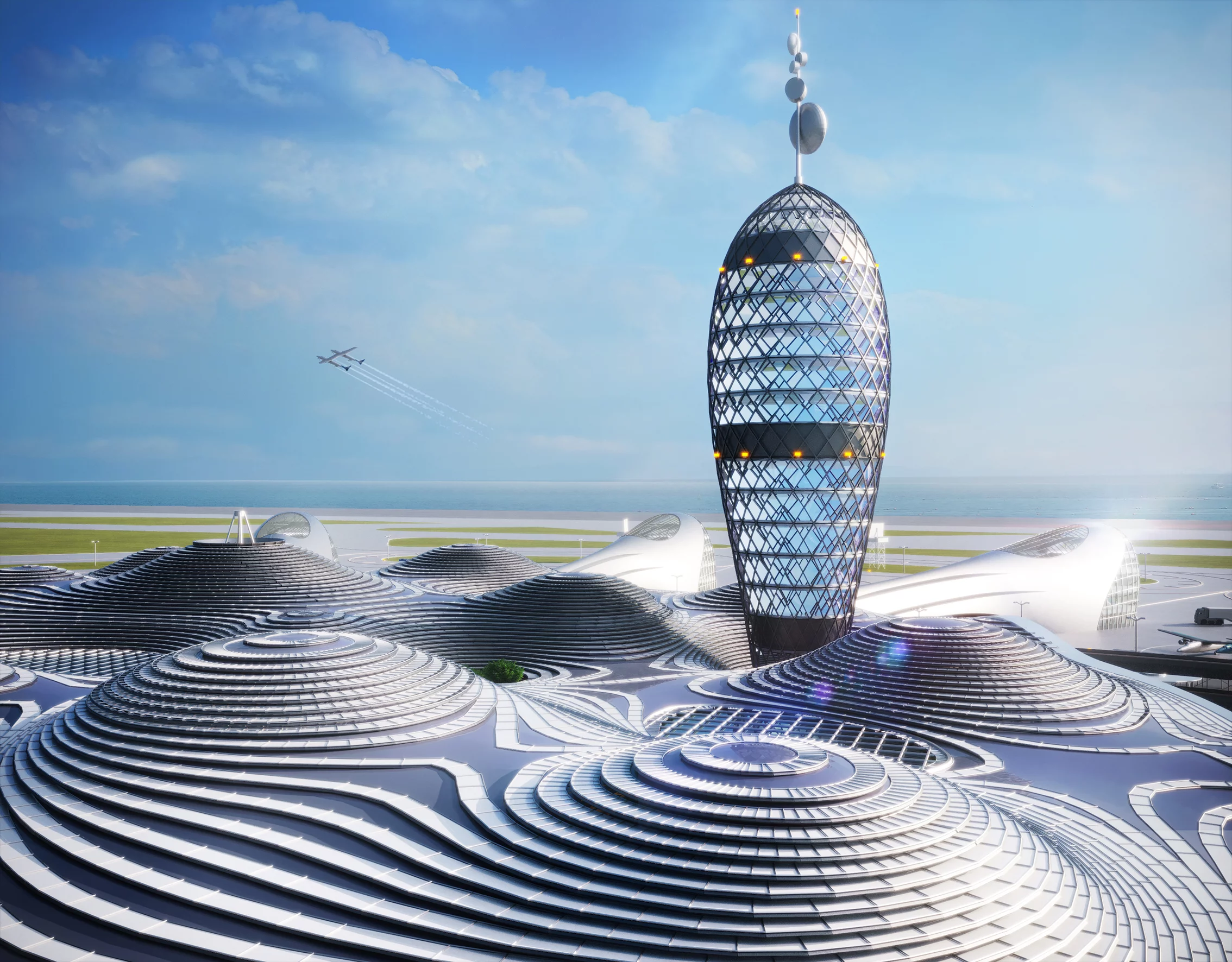 A horizontal launch in progress as a pickle-shaped tower looks on