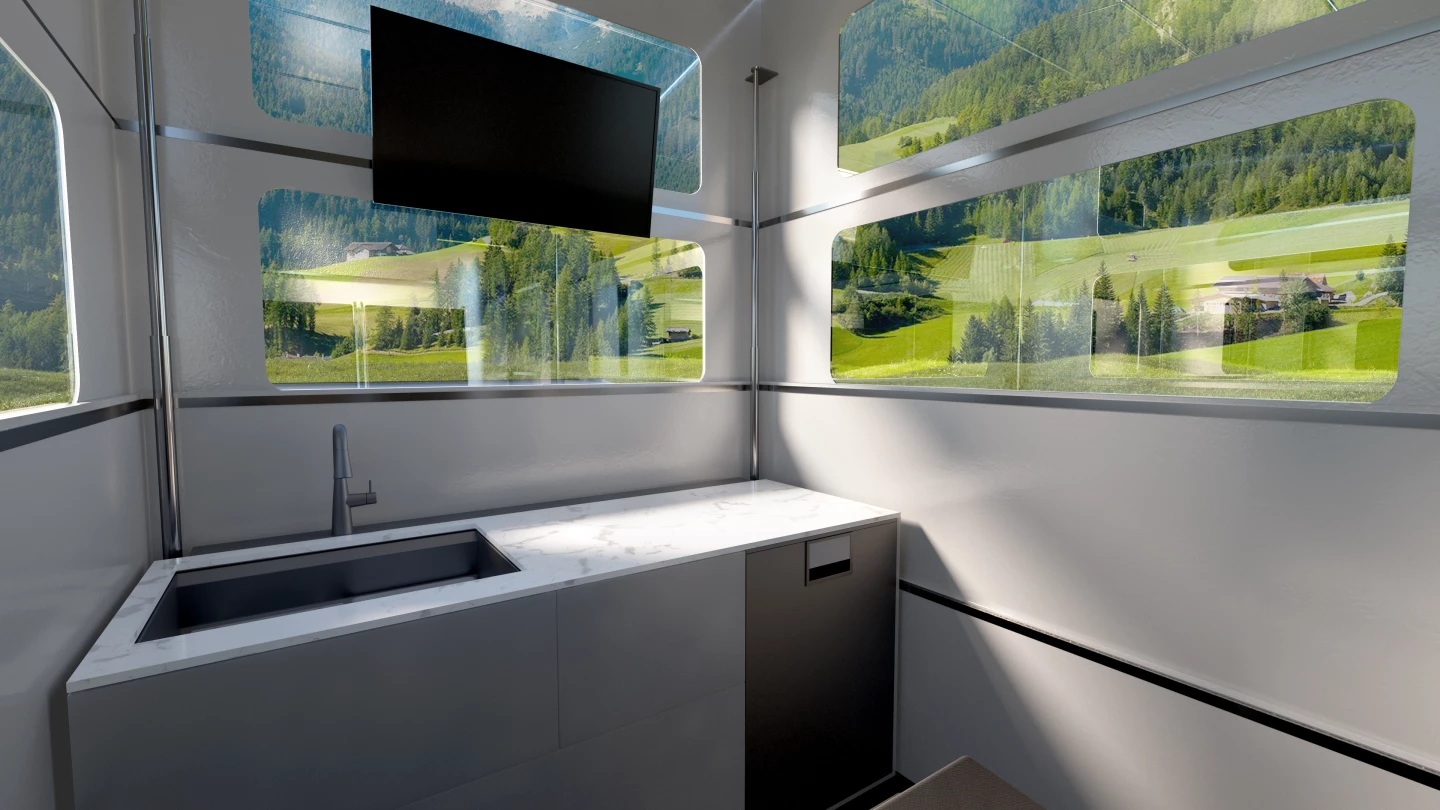 With its expanding design, the CyberLndr would give campers a kitchen, bathroom, convertible lounge/bedroom and satellite connectivity