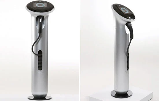 The WattStation's cylindrical body flares toward the top to become a circular, touchscreen user interface