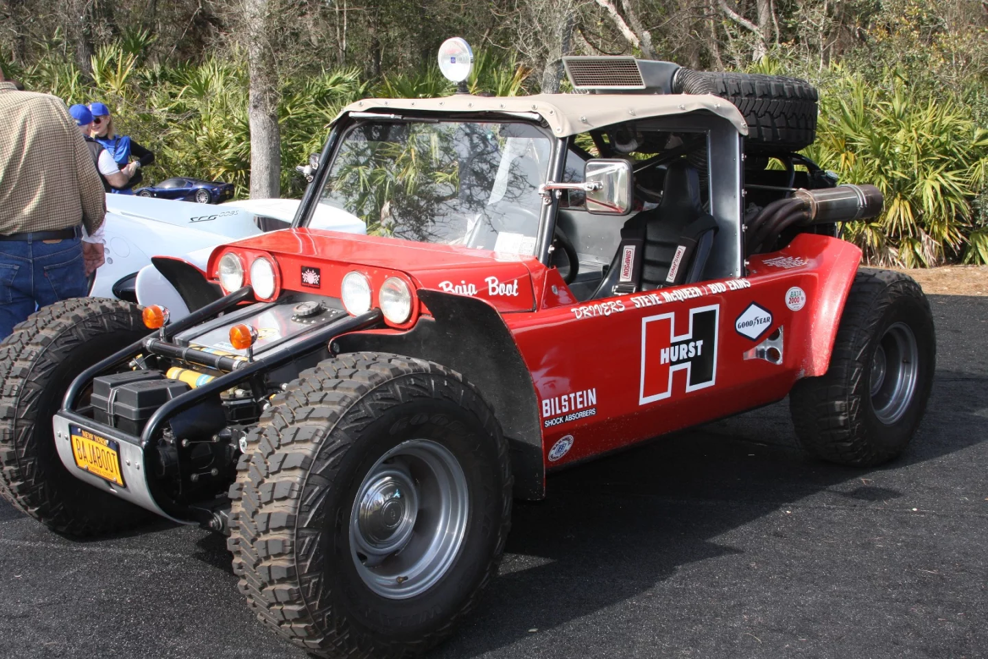 History in the flesh. This car was built for the 1967 National Off-Road Racing Association's 849-mile race dubbed the Mexican 1000. The race would go down in history as the first Baja 1000. Built by Vic Hickey with help from GM, this purpose-built racing buggy used a 450-hp 350 cubic-inch V8 and GM Hydra-Matic auto, 4-wheel discs, front and rear independent Torsion Bar Suspension and only got around 25 percent of the distance. Then actor/racer Steve McQueen and Bud Ekins bought it and raced it and two years later, it won. The car was purchased two years ago at Pebble Beach by film director/car aficianado James Glickenhaus (Scuderia Cameron Glickenhaus) who made it street legal. Nice wheels, Mr Glickenhaus!!!