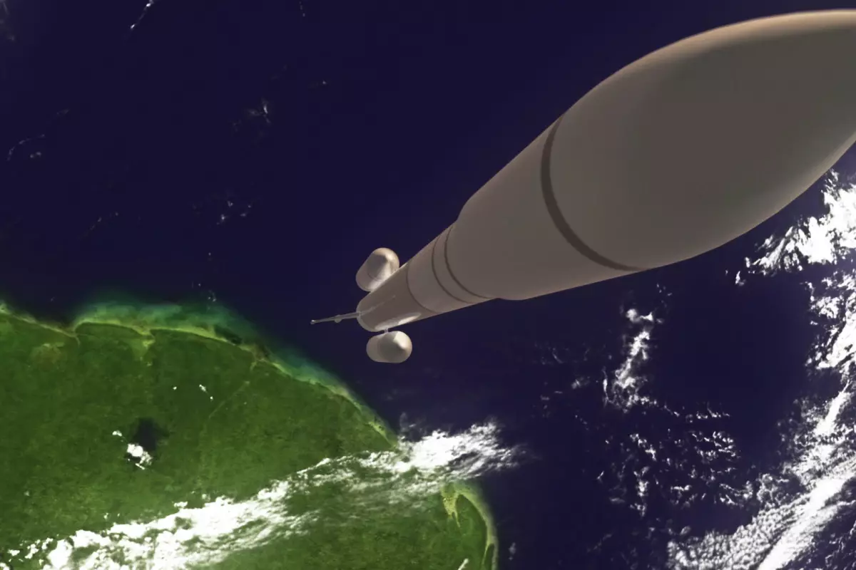 Artist's concept of AirBus's Ariane 6 launch vehicle, with the Adeline system at the base of the rocket