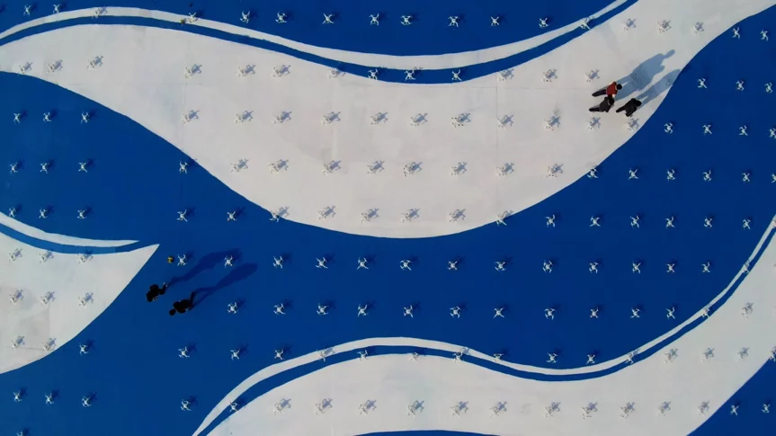 An aerial view of the drones, ready for take-off