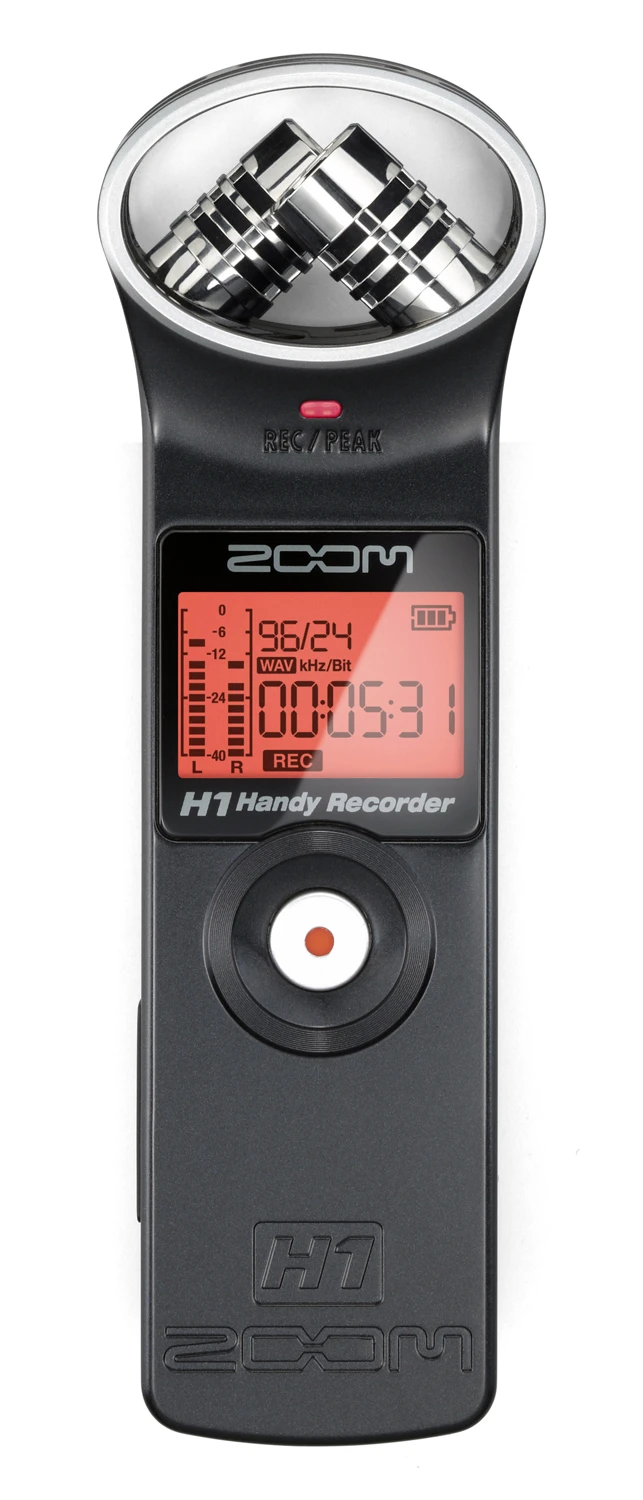 An LED screen to the front shows information on recording levels, file format, time elapsed, remaining battery life and recording time