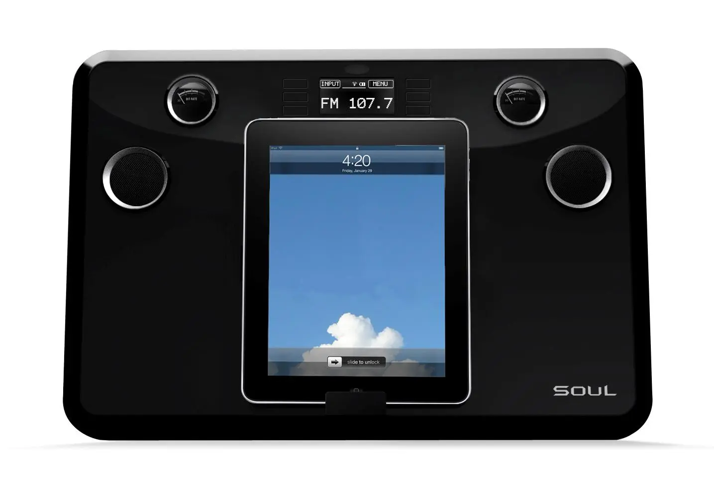 The Party in a box P910 features an integrated 30-pin dock for iPhone, iPod or iPad