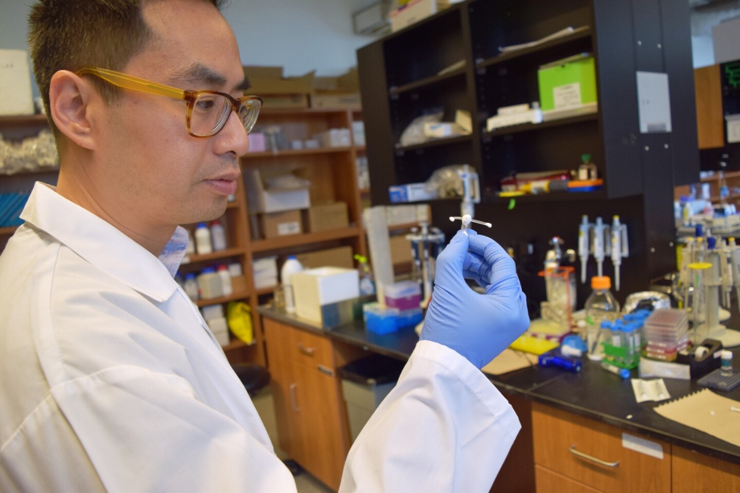 Emmanuel Ho, a professor in the School of Pharmacy at Waterloo, with an anti-HIV implant developed by him and his colleagues