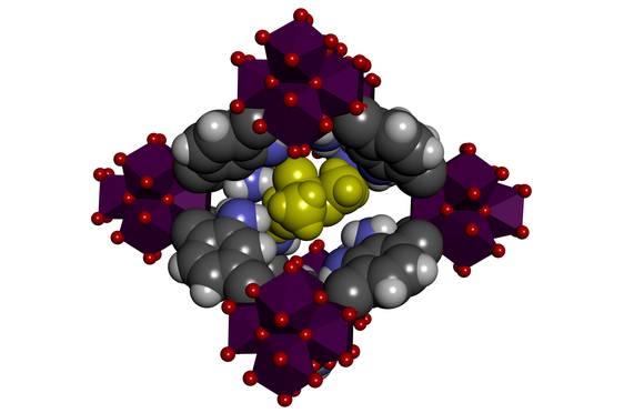 The team created an MOF consisting of organic molecules (in grey and black) and metal ions (zirconium, in purple) – between these molecules are little holes that can absorb the phosphanates (in yellow)