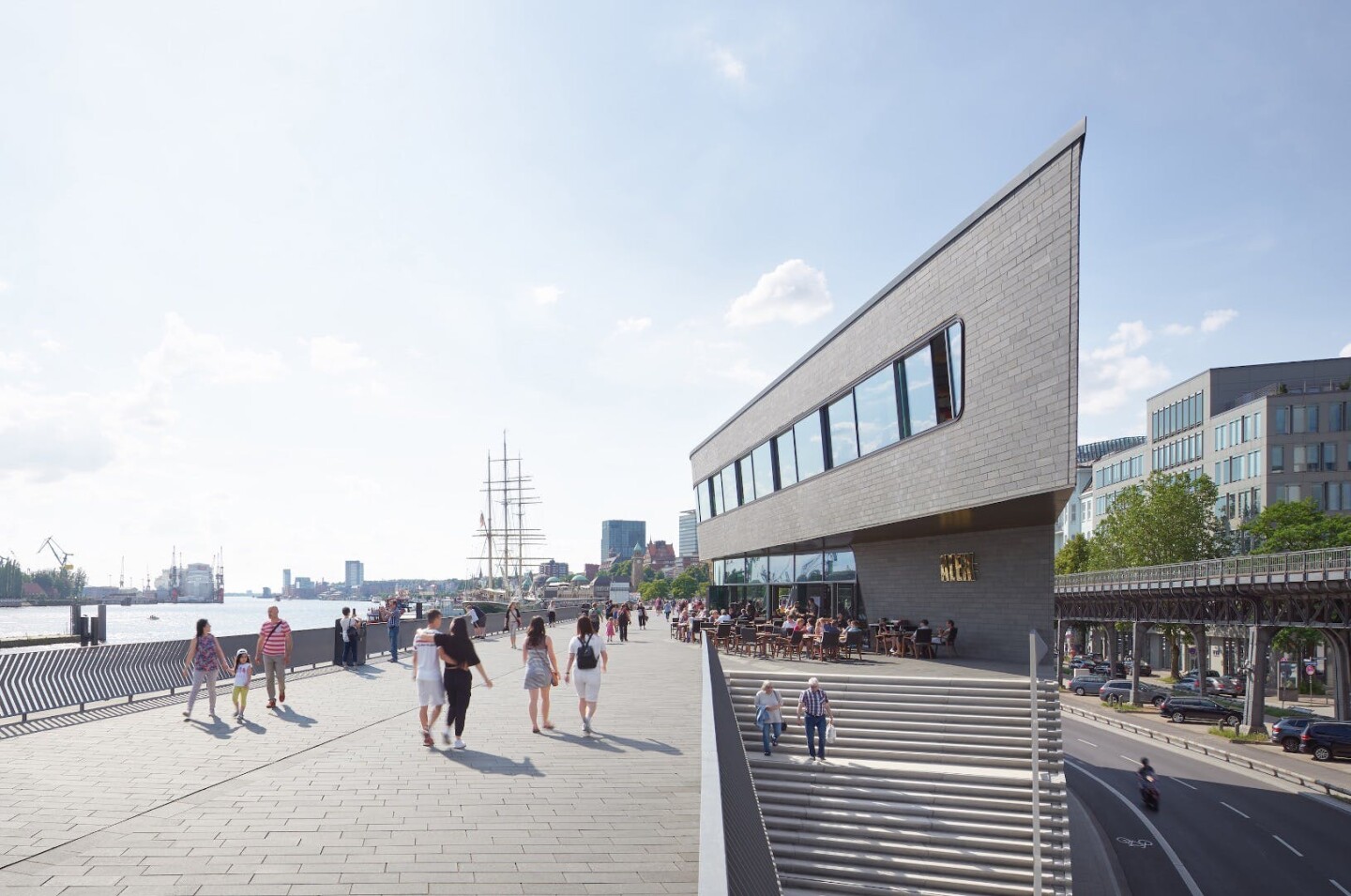 The Niederhafen River Promenade's cantilevering restaurant is three stories tall