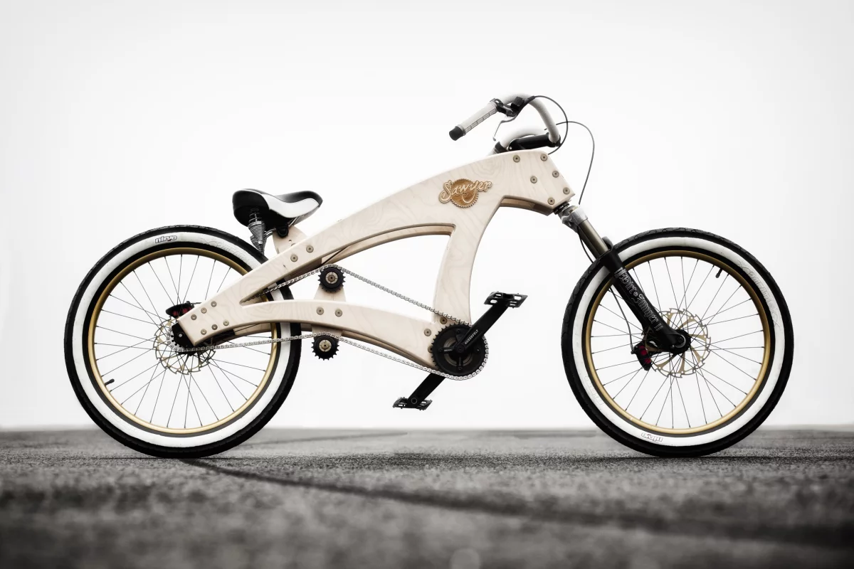 The Sawyer is a lowrider cruiser bicycle, with a frame built from beech plywood