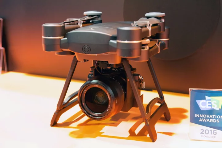 A ProDrone Byrd with a DLSR attached via the Ultimate Flying Platform, on display at CES
