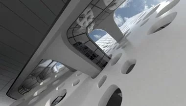 Dubai's innovative O-14 office tower has a perforated concrete shell which acts as its structure and facade: over 1,000 holes in the shell provide light, shade, air and views and assist passive solar technology