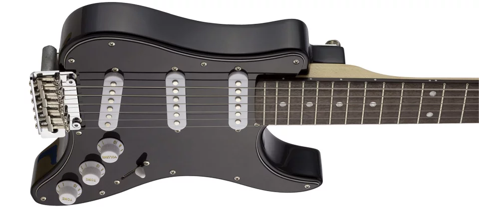 The Travelcaster sports a fulcrum trem, three full-size single coil pickups and one volume and two tone knobs