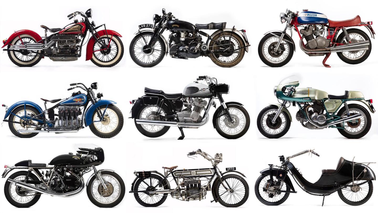 The collection includes a 1929 Megola 640cc Tourer (ultra rare and expected to be the most expensive motorcycle in the collection - no auction link yet, but that's it bottom right with a five cylinder radial motor inside the front wheel - detail pics in the image gallery), a 1951 Vincent Series C Black Shadow, an Egli-Vincent (built for Robert in 2004by the renowned Vincent specialist, Patrick Godet), a 1931 Henderson 1,301cc KJ Four, an original 'round case' Ducati 750SS, a 1940 Indian 78 ci Type 440 Four, a 1914 FN 700 Four, a 1970 MV Agusta 592cc Tourer and the bike that it would eventually become, the 1974 MV Agusta 750S.
