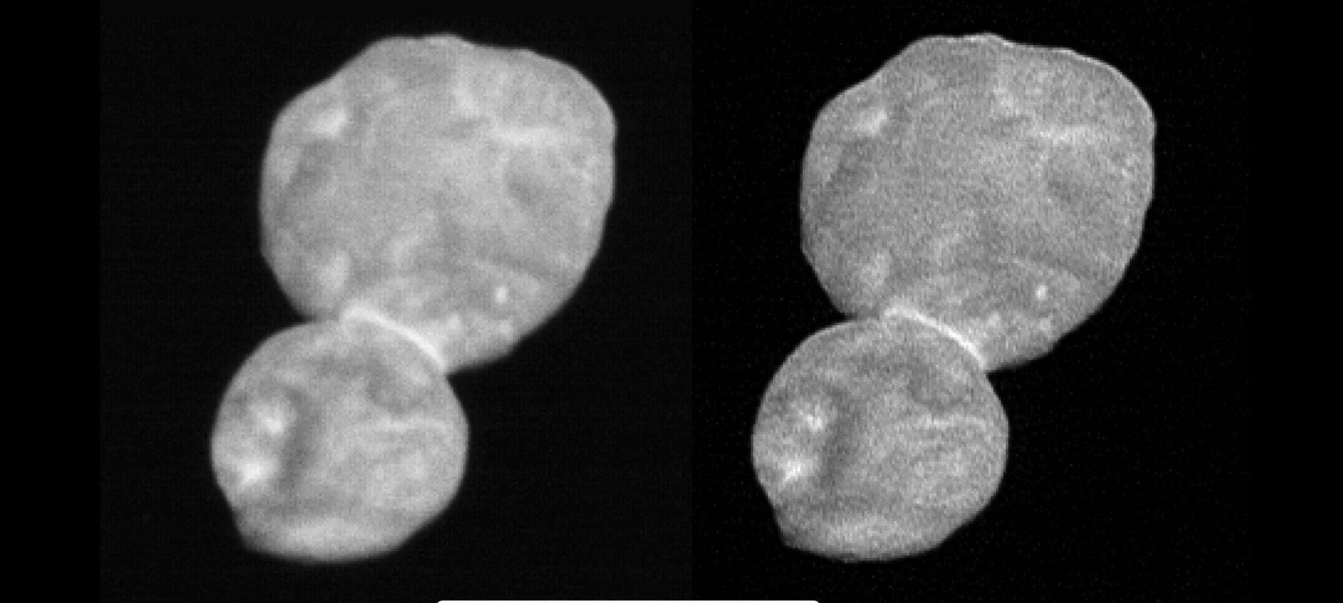 The original image of Ultima Thule (left) taken by New Horizons, along with a sharper, enhanced version (right)