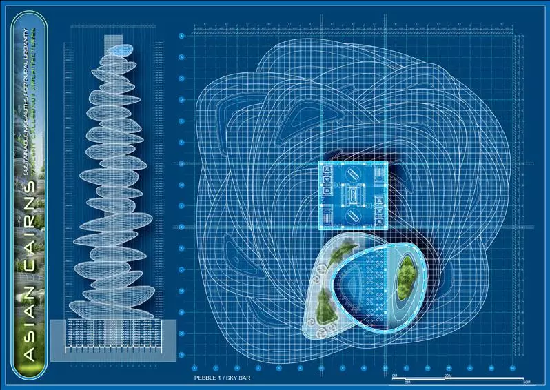 Even the tops of each pebble would include space for growing plants and trees, either for food or just decoration