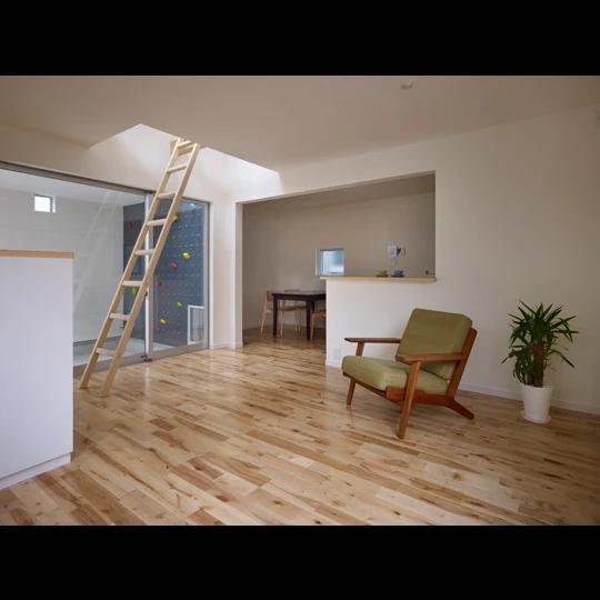 The structure resembles a modern Japanese family home with wooden flooring, kitchen and furnishings