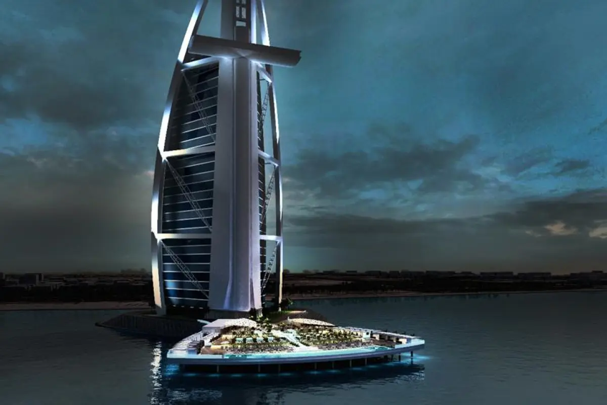 The new North Deck will will fan out 100 m (328 ft) into the Arabian Gulf and provide space for 32 cabanas, 400 sun loungers, a restaurant and a bar