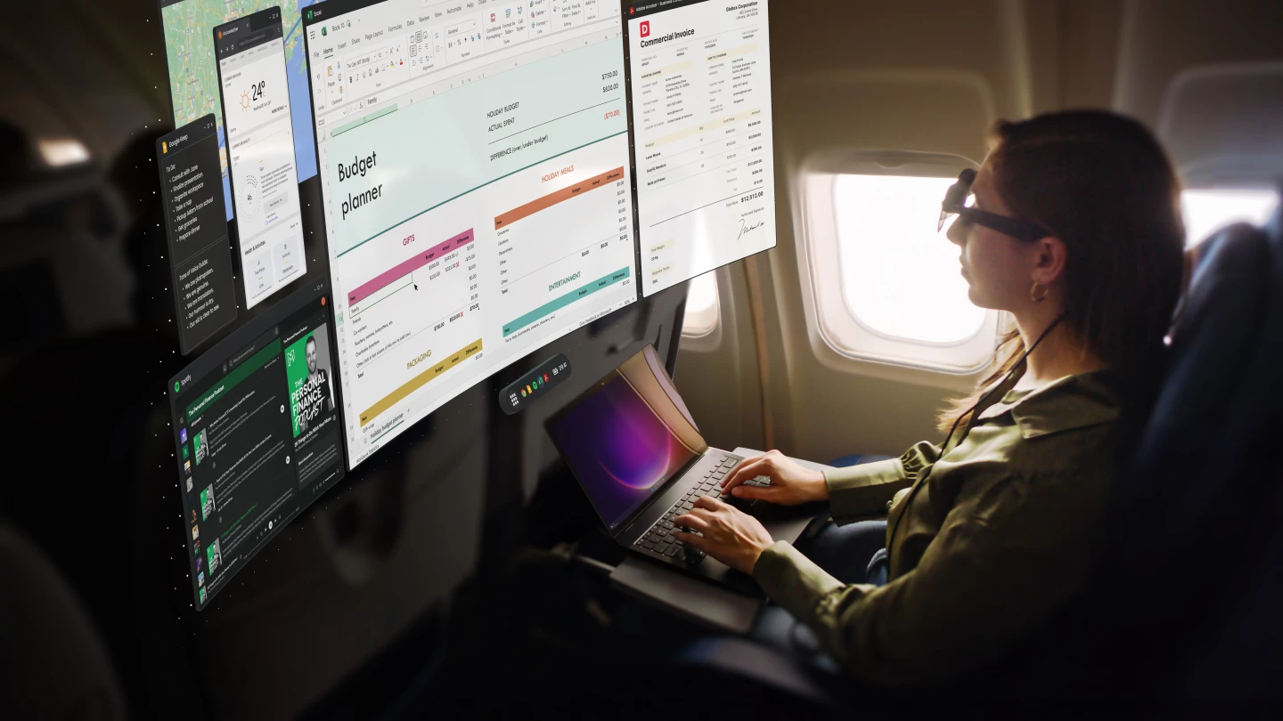 Whether you're on the plane or train, Spacetop for Windows provides a 100-inch private workspace to get things done