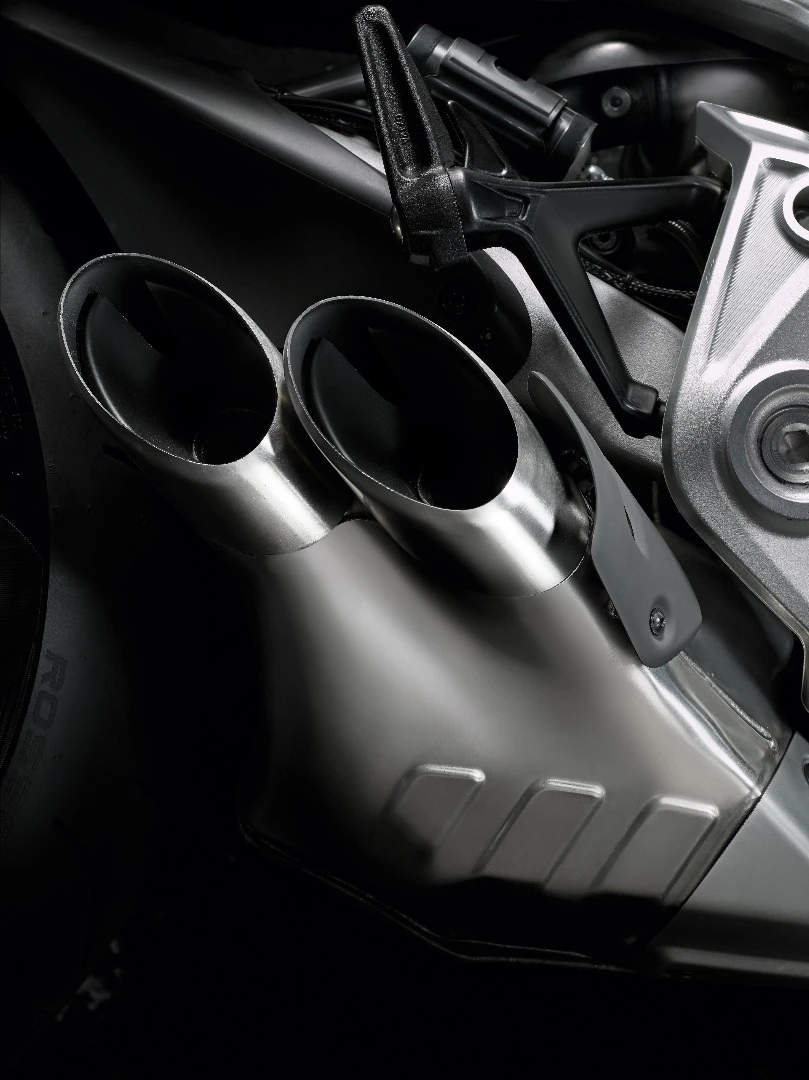 Ducati XDiavel S: underslung stubby exhaust helps to feature the rear wheel