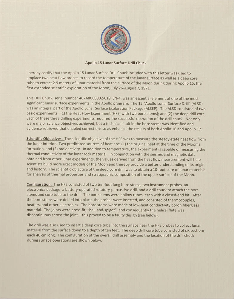 Statement of provenance for the Apollo 15 chuck