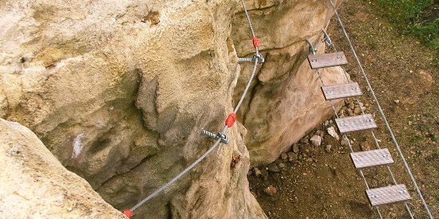 The integrated via ferrata cables allow climbers to clip in without rope or a belayer
