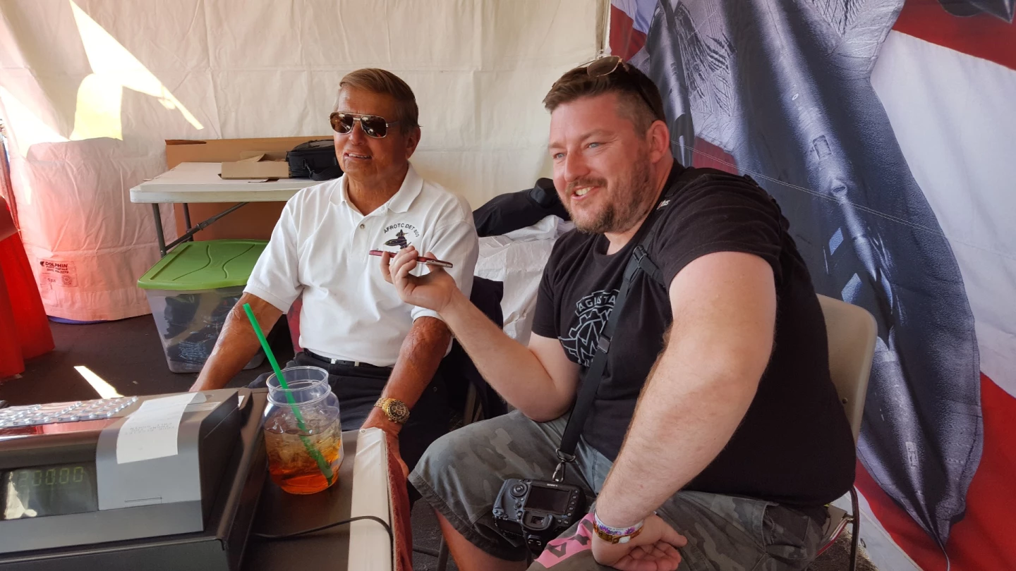 Sled Driver Brian Shul, left, with New Atlas's Loz Blain, Reno Air Race 2016