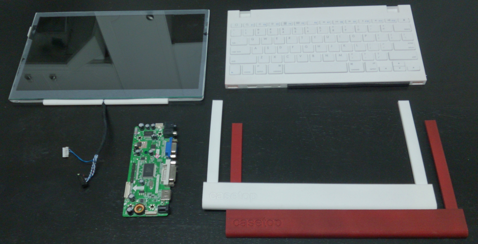 The main components of the Casetop – an 11.1-inch LCD panel, island-style keyboard, a dual-LVDS controller board, and passive frontbars