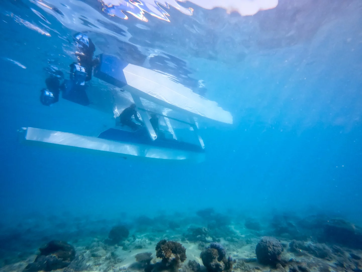 The Platypus Blue Ocean in semi-submersible mode, where pilot and passengers are lowered under the waves on the craft's central pod