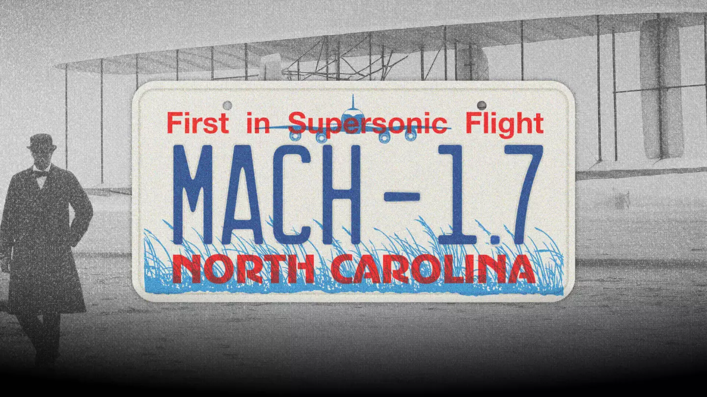 North Carolina license plates read "First in flight" across the top – this clever photoshop says "First in supersonic flight," and while that might not exactly be true, it's still