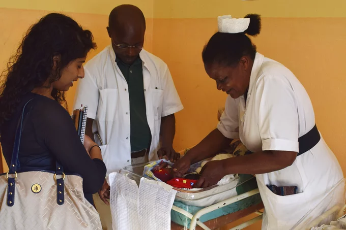 Neopenda's cofounder and CEO, Sona, with nurses in a Ugandan hospital