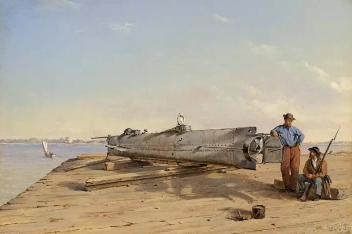 An oil painting by Conrad Wise Chapman, "Submarine Torpedo Boat H.L. Hunley, Dec. 6, 1863"
