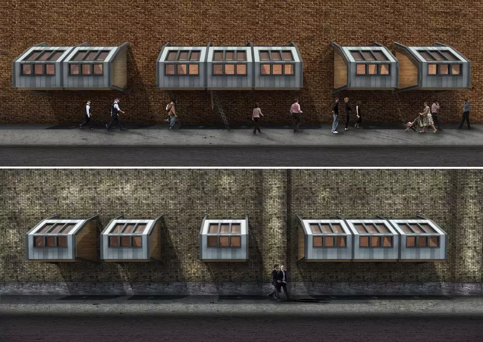Homes for the Homeless is a concept by James Furzer designed to supply pods that attach to the side of buildings in London and offer refuge to those that sleep on the streets