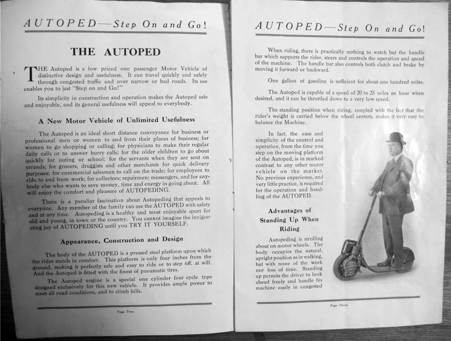 This page from what appears to be the owners manual or a sales brochure for the Autoped clearly outlines the vehicle's sales premise. More details at the U.S. Scooter Museum