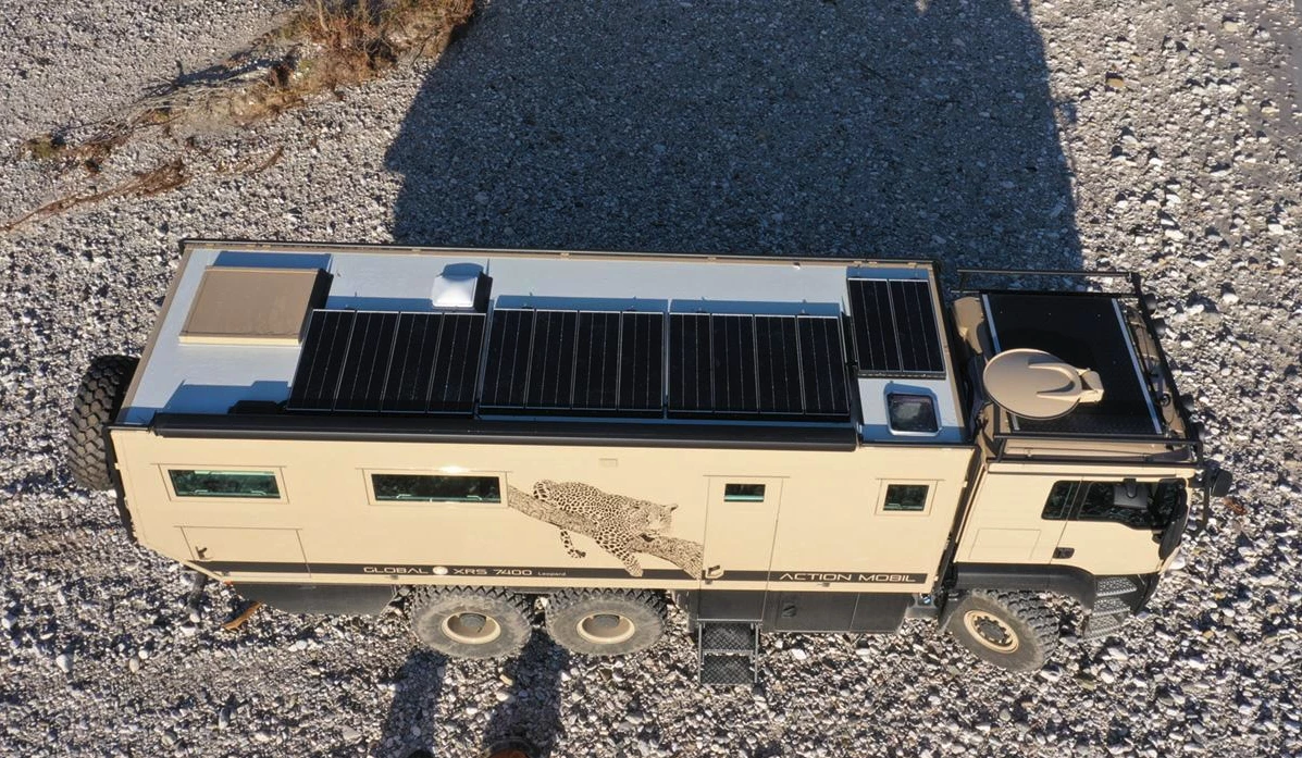 The 2020 Action Mobil Global XRS 7400 shows its tiltable rooftop solar array