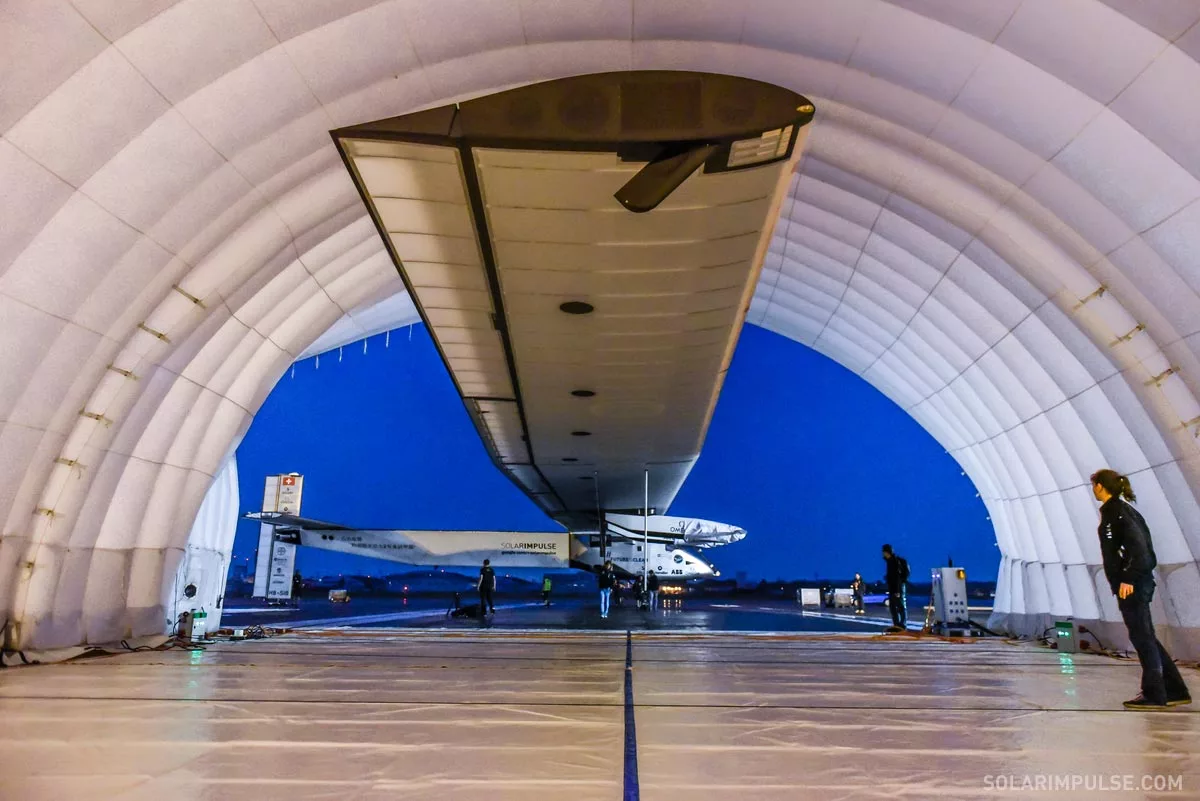 Solar Impulse 2 in its hanger in Nagoya, Japan