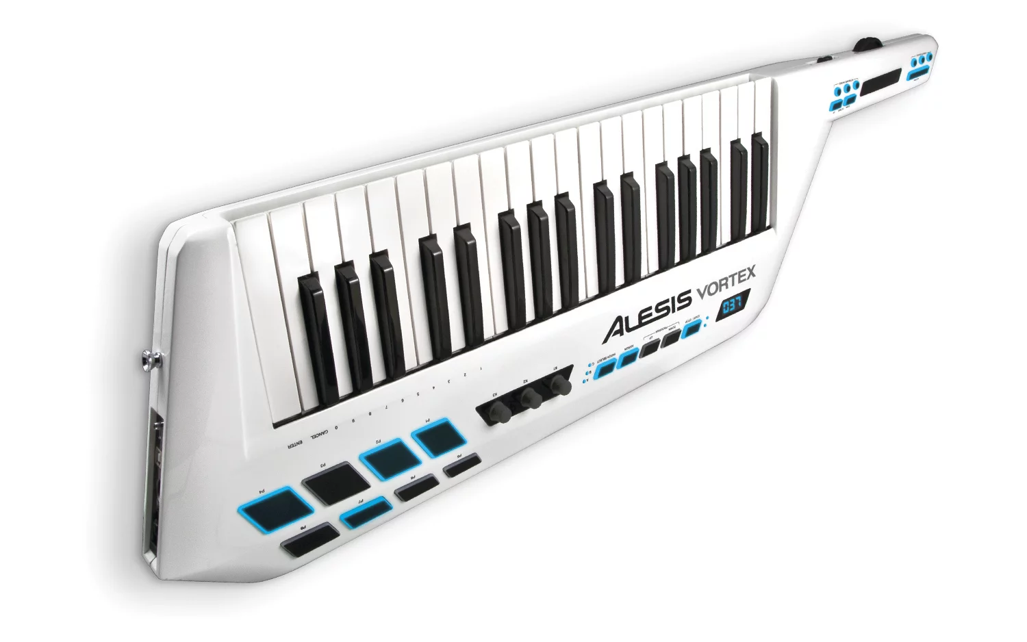 Alesis has unveiled the world's first USB/MIDI keytar - the Vortex - with a built-in accelerometer, 37 pressure sensitive keys and a host of buttons, sliders and controls