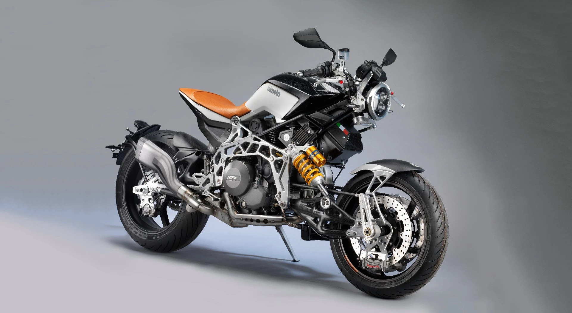 This Bimota TESI RC hub-steered cafe racer is a steampunk cosplayer's dream