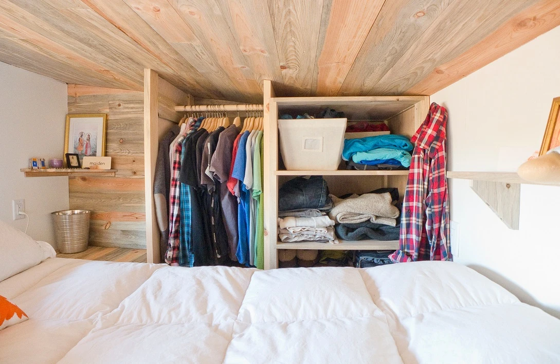 The elevated loft features inbuilt wardrobe space