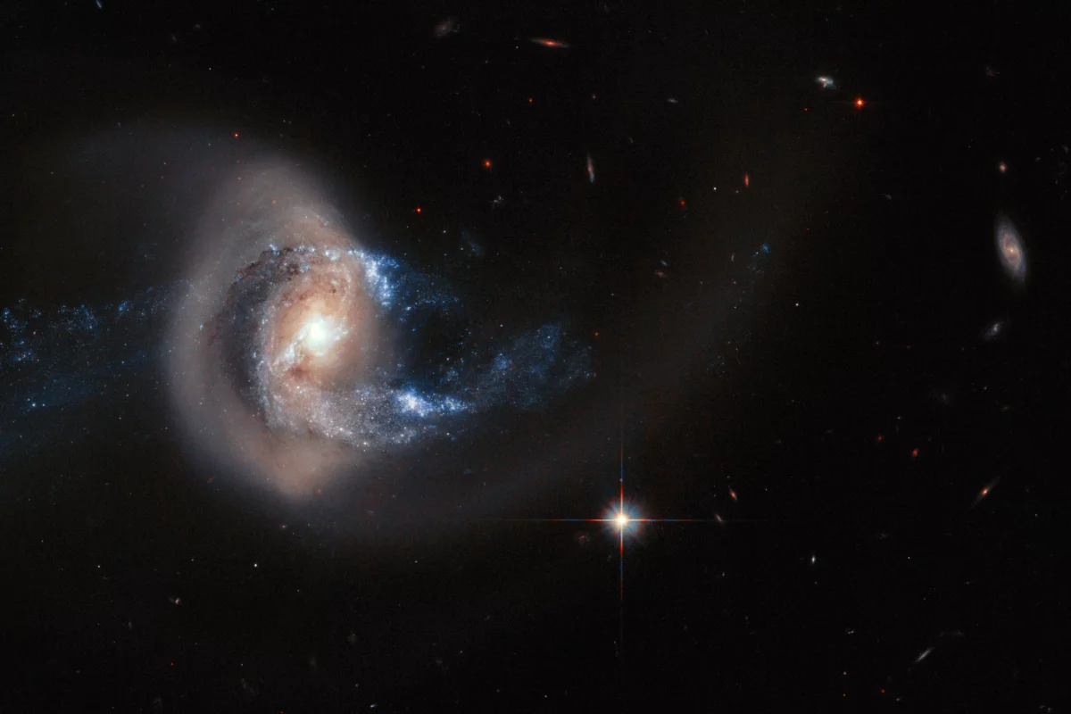 Hubble composite showing the larger galaxy NGC 7714 having its structure deformed by the neighbouring galaxy NGC 7715, out of frame (Image: ESA, NASA)