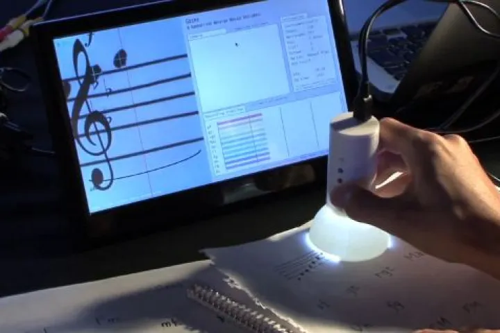 The Gocen is a prototype scanning device that can play hand-written sheet music in real time