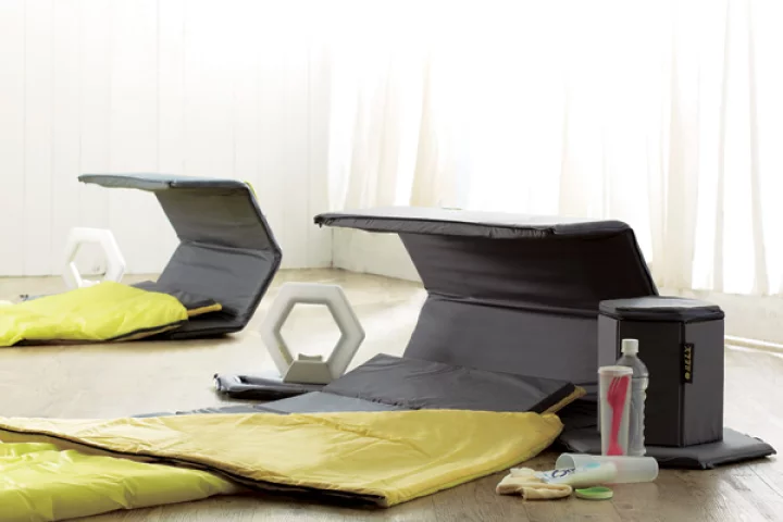 Designed by Chen Yu Jung, Rely is a foldout sleeping domain for natural disaster survivors