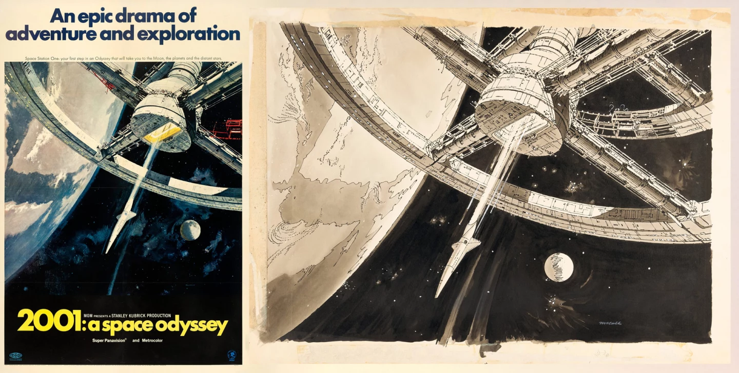 At left the poster for "2001: A Space Odyssey" (MGM, 1968) and at right Robert McCall's Signature Final Concept Artwork for the poster.