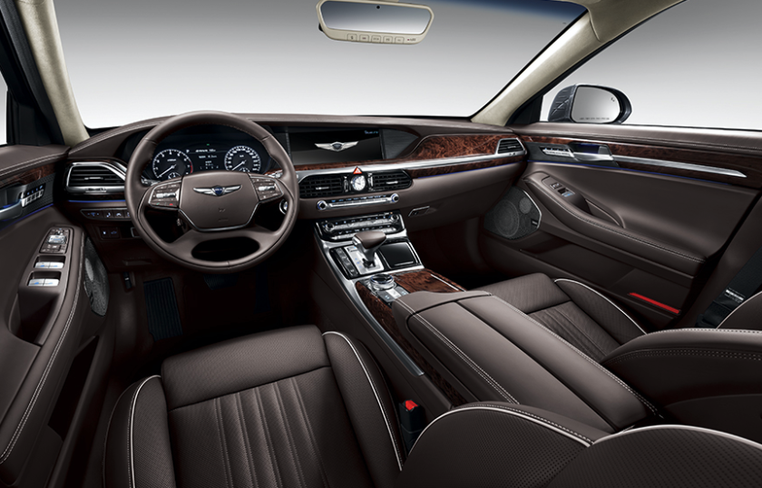 The Genesis G90's interior is all about soft leather and polished wood