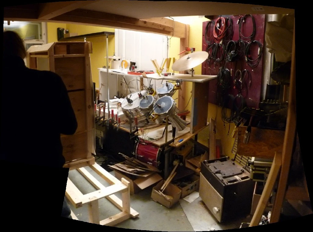 The snare drum, kick drum, hi-hat, cabasa, clave, ride cymbal, hand-clap, three toms and cowbell ahead of installation