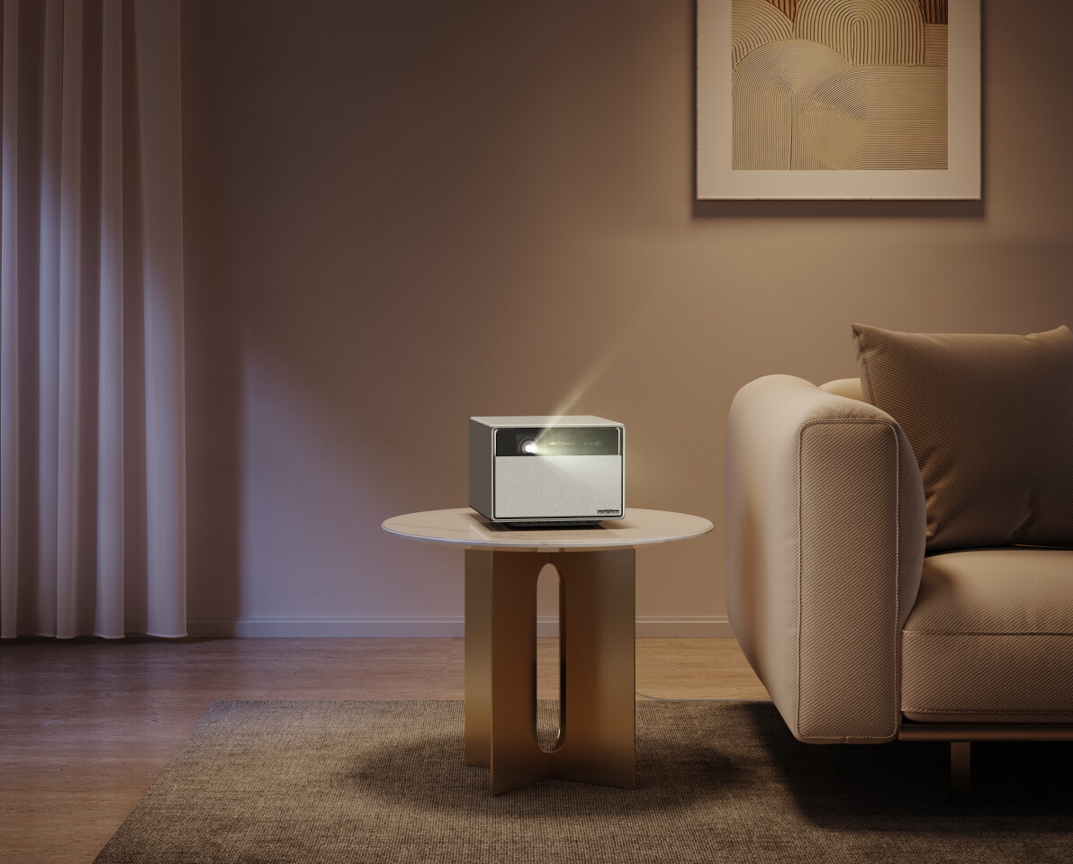 When powered on, the Horizon Ultra 4K smart projector's fabric grille lowers to reveal the projection engine