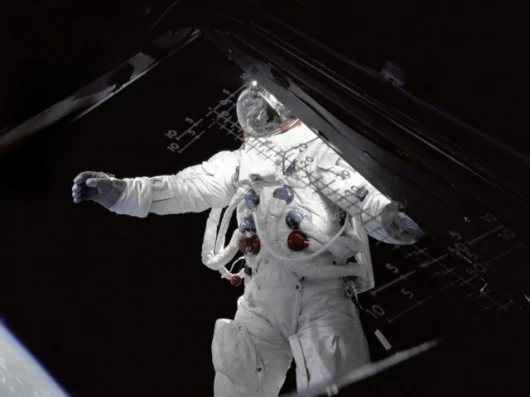 Russell Schweickart on the fourth day of the Apollo 9 mission.Image Credit: NASA/James McDivitt