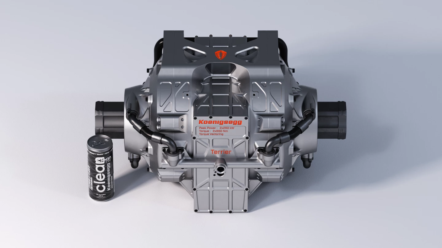 Two Quark motors, a David inverter and planetary gear sets mount together into the 670-hp Terrier electric drive