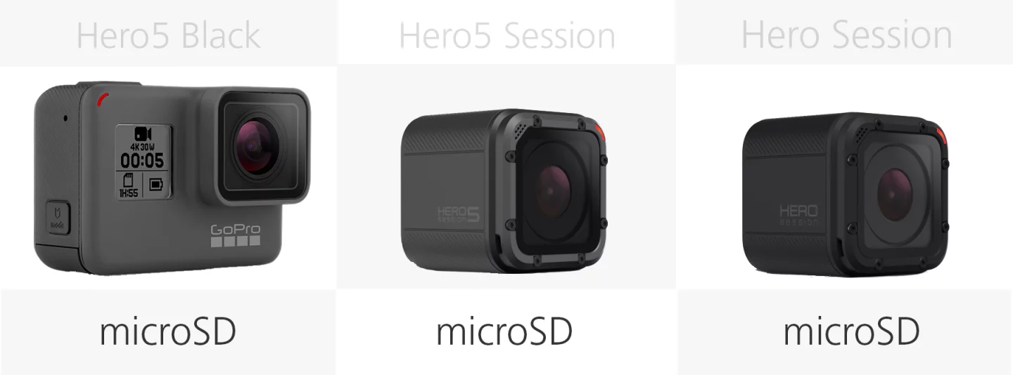 Comparing the memory storage of the GoPro Hero5 Black, Hero5 Session and Hero Session