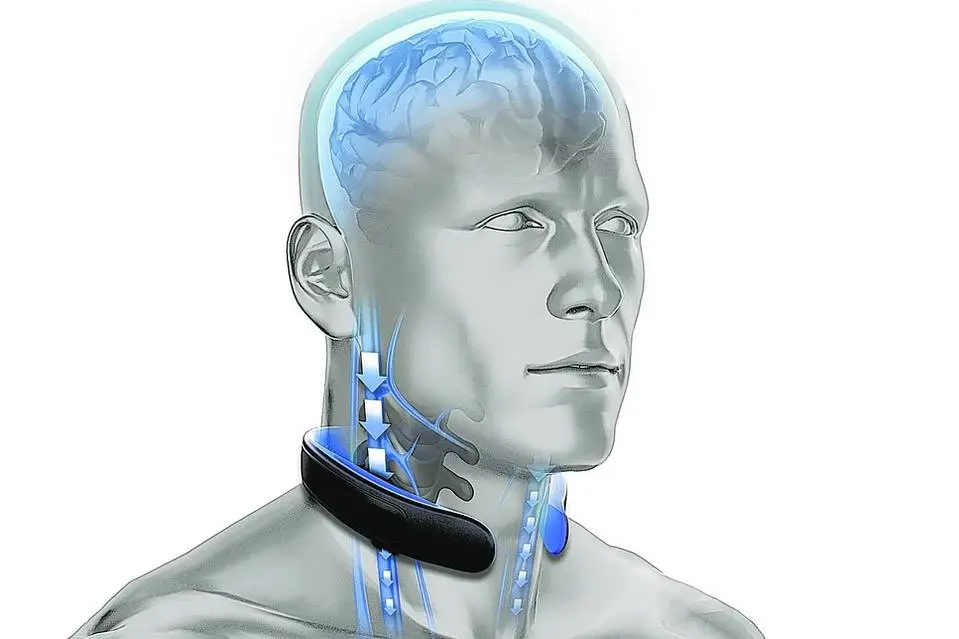The band constantly applies slight pressure to the neck, mildly increasing blood volume in the vein structure of the brain