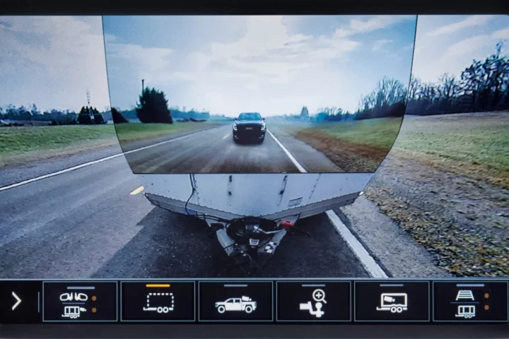 Transparent trailer view combines the outputs of the reversing camera and the trailer-mounted rear view camera to let you look through your trailer as if it's not there